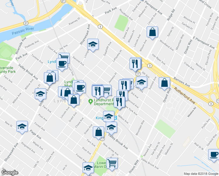 map of restaurants, bars, coffee shops, grocery stores, and more near 508 2nd Avenue in Lyndhurst