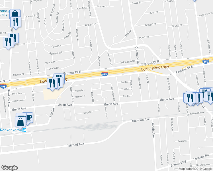 map of restaurants, bars, coffee shops, grocery stores, and more near 26 Windham Lane in Ronkonkoma