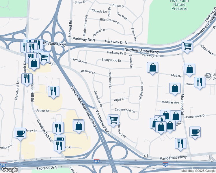 map of restaurants, bars, coffee shops, grocery stores, and more near 105 Shinbone Lane in Commack