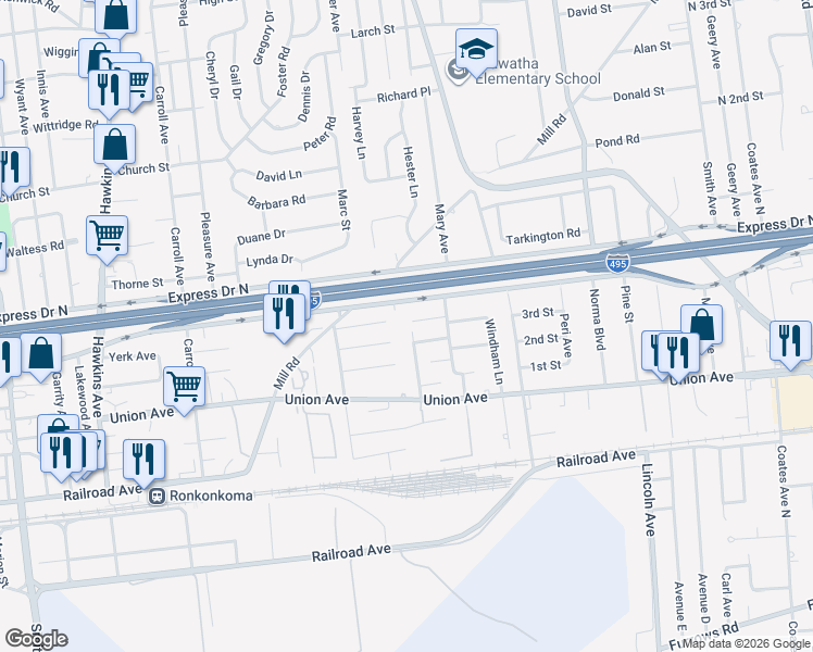 map of restaurants, bars, coffee shops, grocery stores, and more near 2 The Plaza in Ronkonkoma
