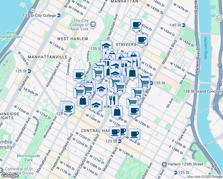 map of restaurants, bars, coffee shops, grocery stores, and more near 225 West 131st Street in New York