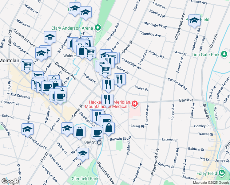 map of restaurants, bars, coffee shops, grocery stores, and more near 170 Pine Street in Montclair