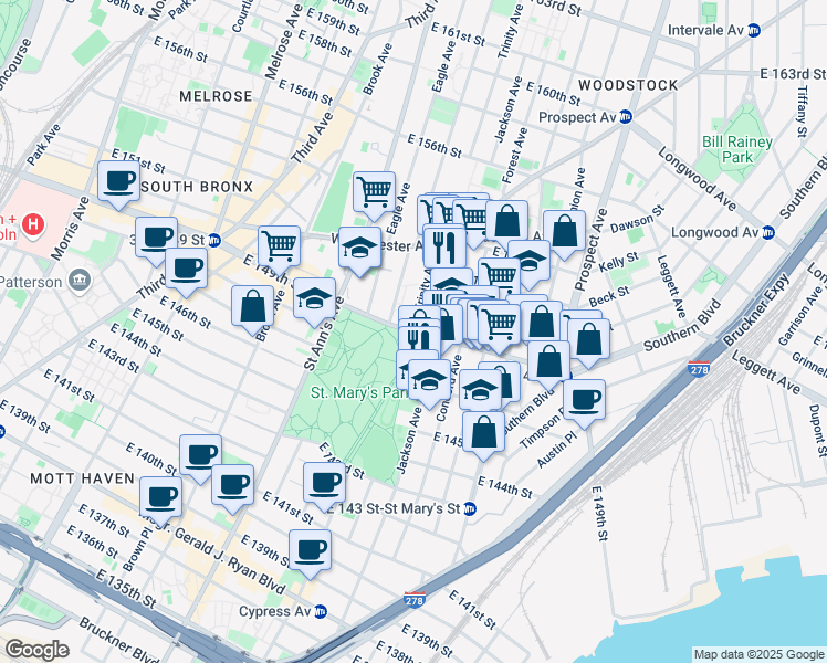 map of restaurants, bars, coffee shops, grocery stores, and more near E 149th St & Trinity Ave in Bronx
