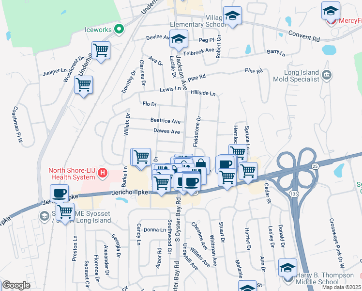 map of restaurants, bars, coffee shops, grocery stores, and more near 1 Walker Avenue in Syosset