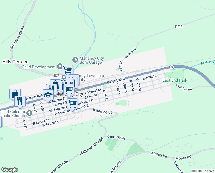 map of restaurants, bars, coffee shops, grocery stores, and more near 525 East Market Street in Mahanoy City