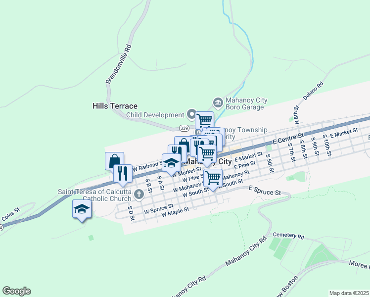map of restaurants, bars, coffee shops, grocery stores, and more near 121 West Vine Street in Mahanoy City