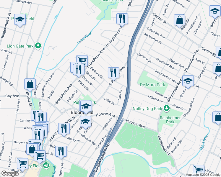 map of restaurants, bars, coffee shops, grocery stores, and more near 50 East Passaic Avenue in Nutley