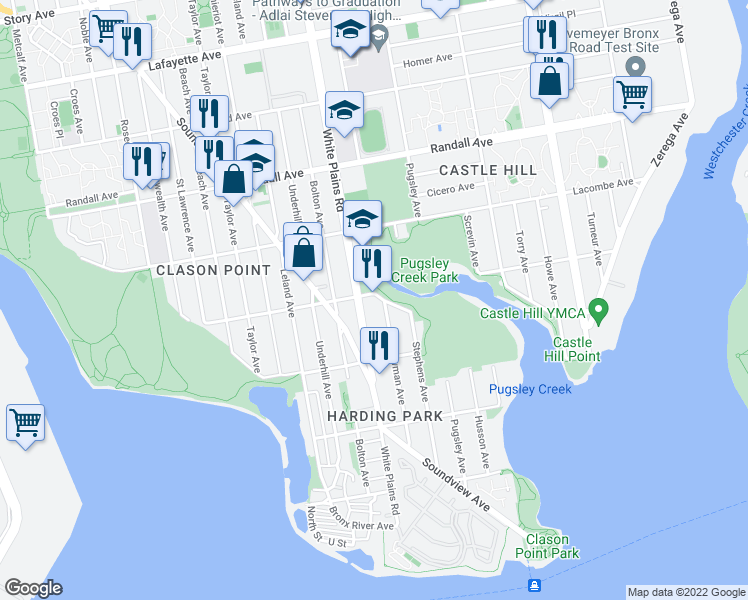 map of restaurants, bars, coffee shops, grocery stores, and more near 1930 Patterson Avenue in The Bronx