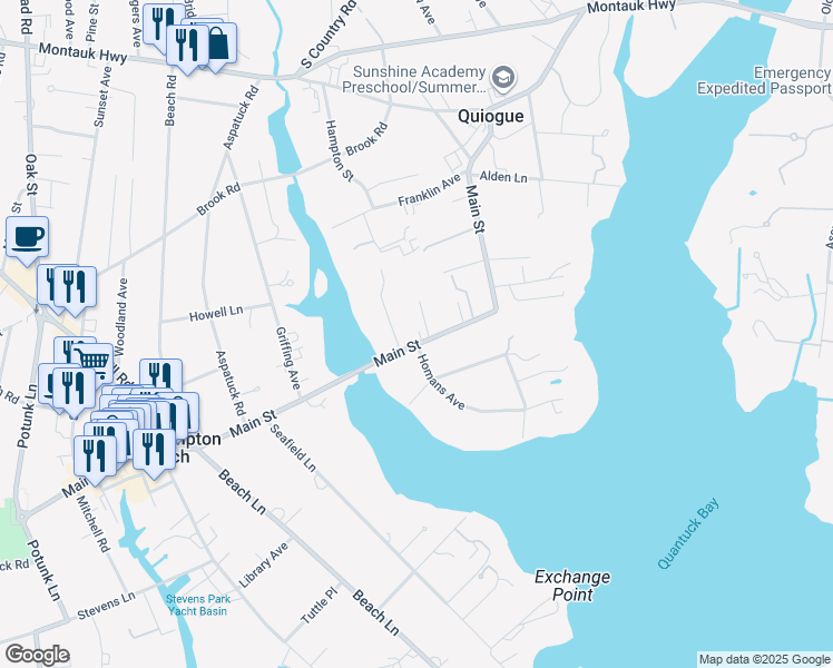 map of restaurants, bars, coffee shops, grocery stores, and more near 426 Main Street in Westhampton Beach