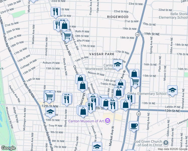 map of restaurants, bars, coffee shops, grocery stores, and more near 1416 Yale Avenue Northwest in Canton