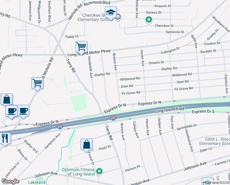 map of restaurants, bars, coffee shops, grocery stores, and more near 242 Breeze Avenue in Ronkonkoma