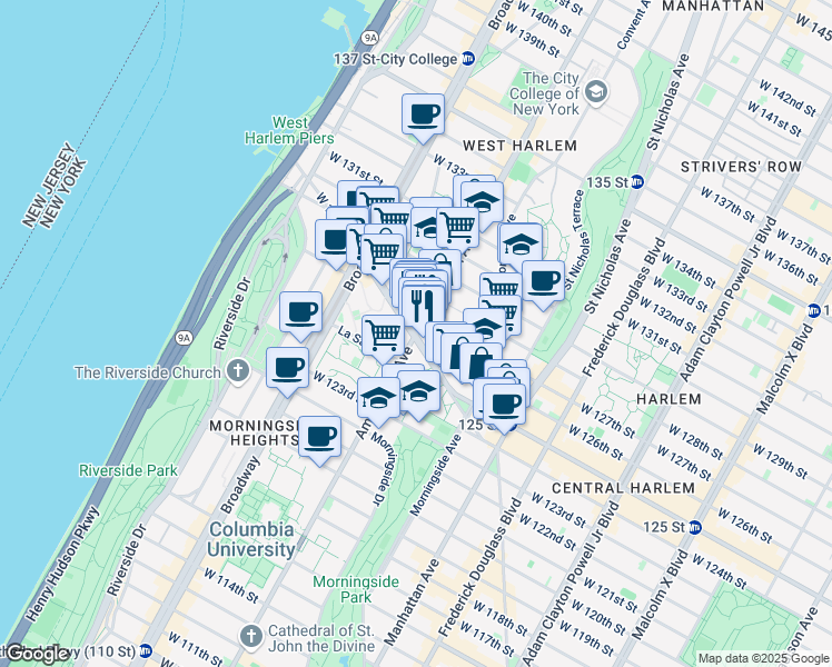 map of restaurants, bars, coffee shops, grocery stores, and more near Amsterdam Avenue in New York