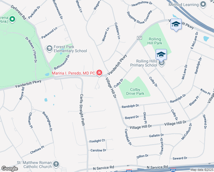map of restaurants, bars, coffee shops, grocery stores, and more near 131 Village Hill Drive in Dix Hills