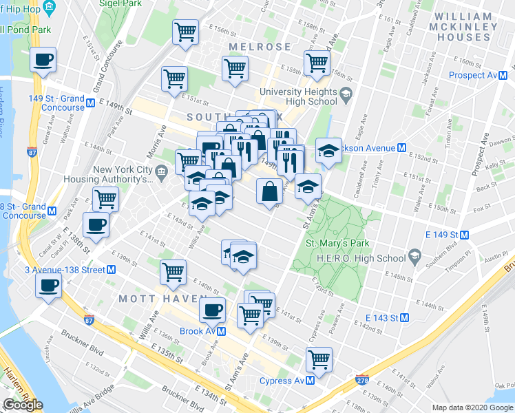 map of restaurants, bars, coffee shops, grocery stores, and more near 455 East 146th Street in Bronx