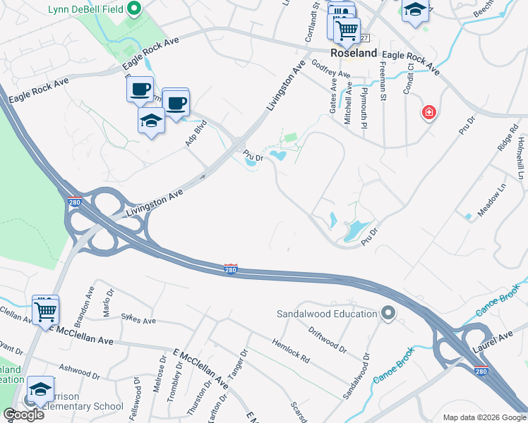 map of restaurants, bars, coffee shops, grocery stores, and more near 80 Livingston Avenue in Roseland