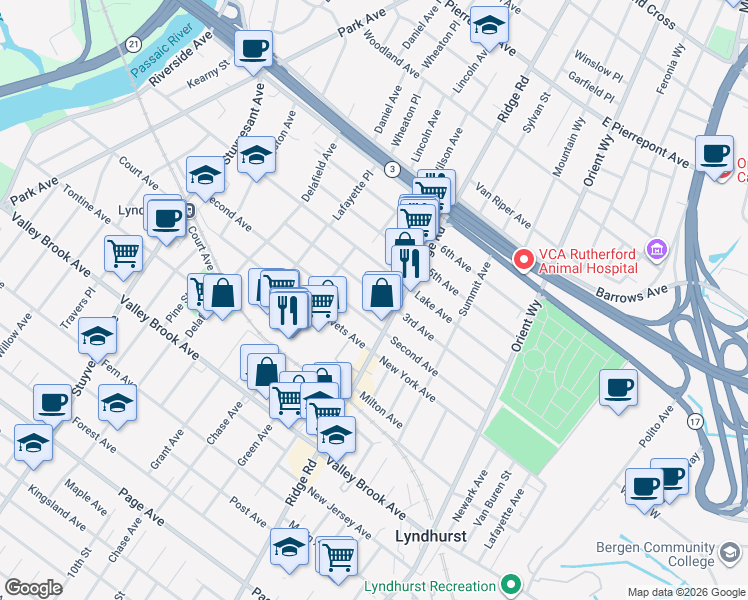 map of restaurants, bars, coffee shops, grocery stores, and more near 532 3rd Avenue in Lyndhurst