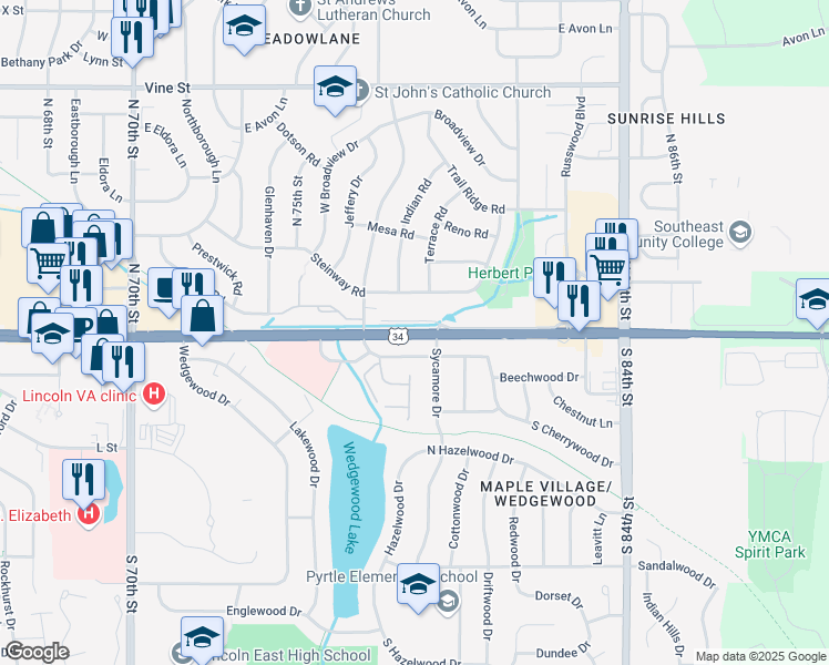 map of restaurants, bars, coffee shops, grocery stores, and more near 7800 O Street in Lincoln