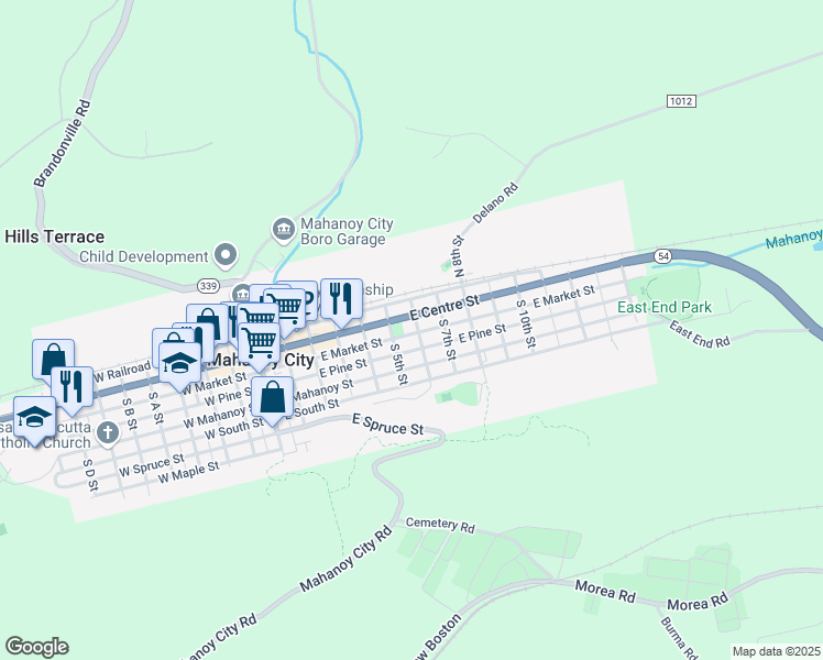 map of restaurants, bars, coffee shops, grocery stores, and more near 533 East Market Street in Mahanoy City