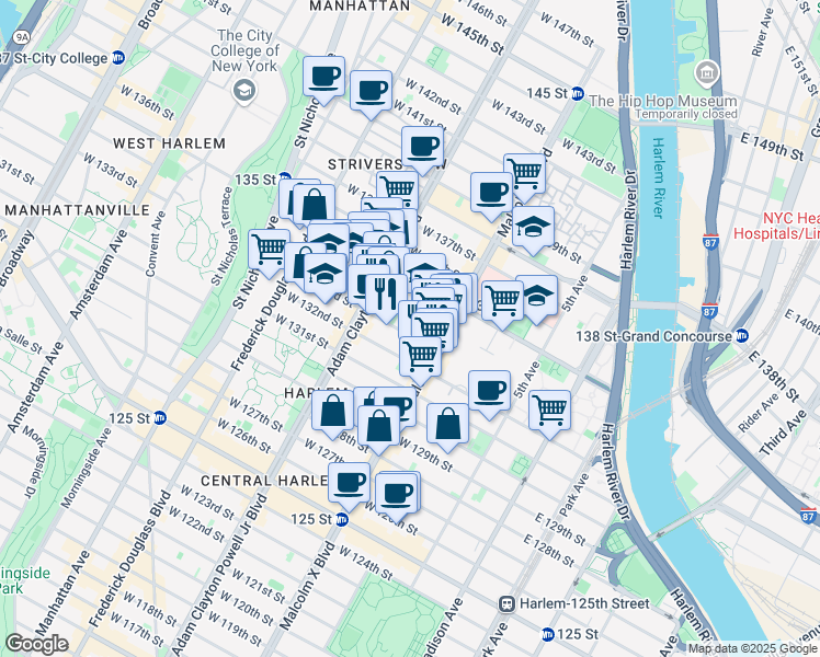 map of restaurants, bars, coffee shops, grocery stores, and more near 119 West 133rd Street in New York
