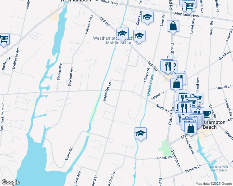 map of restaurants, bars, coffee shops, grocery stores, and more near 129 Oneck Lane in Westhampton Beach