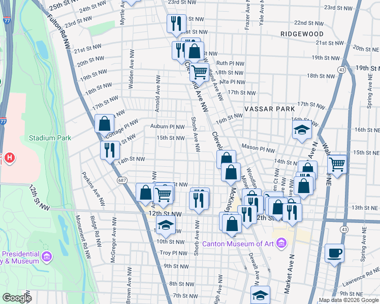 map of restaurants, bars, coffee shops, grocery stores, and more near 1418 Louisiana Ave NW in Canton