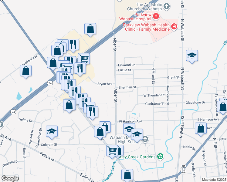 map of restaurants, bars, coffee shops, grocery stores, and more near 1124 Alber Street in Wabash