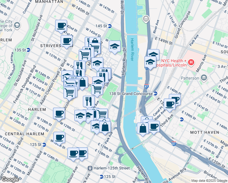 map of restaurants, bars, coffee shops, grocery stores, and more near 2156 Madison Avenue in New York