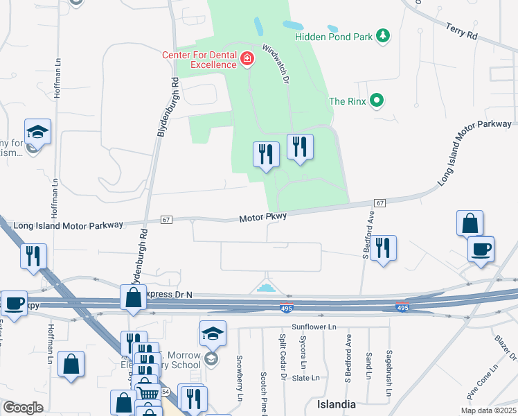 map of restaurants, bars, coffee shops, grocery stores, and more near 1721 Motor Parkway in Hauppauge