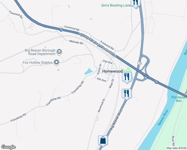 map of restaurants, bars, coffee shops, grocery stores, and more near 111 Reservoir St in Beaver Falls