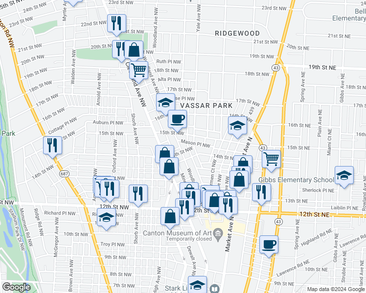 map of restaurants, bars, coffee shops, grocery stores, and more near 1412 Woodland Avenue Northwest in Canton