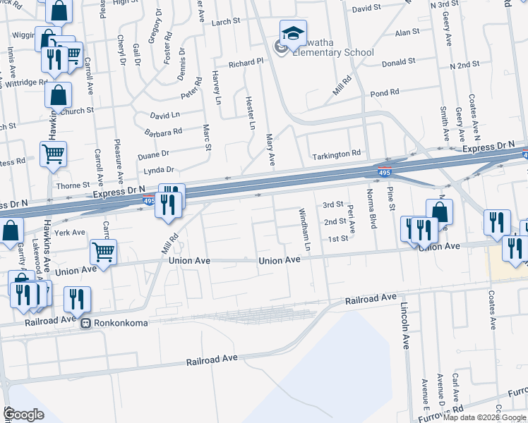 map of restaurants, bars, coffee shops, grocery stores, and more near 44 Avenue F in Ronkonkoma
