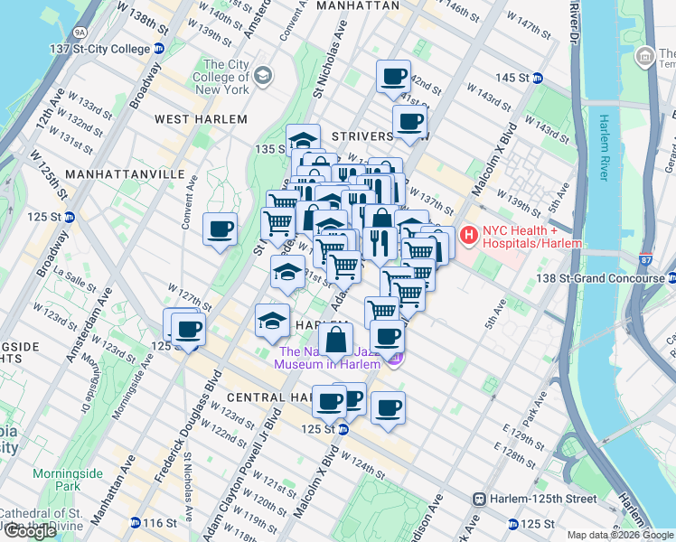 map of restaurants, bars, coffee shops, grocery stores, and more near 202 West 132nd Street in New York
