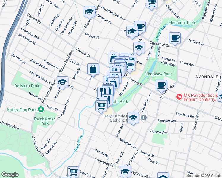 map of restaurants, bars, coffee shops, grocery stores, and more near 47 Stager Street in Nutley