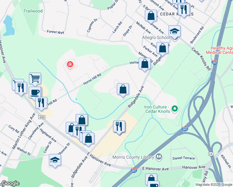 map of restaurants, bars, coffee shops, grocery stores, and more near 120 Vista Drive in Hanover