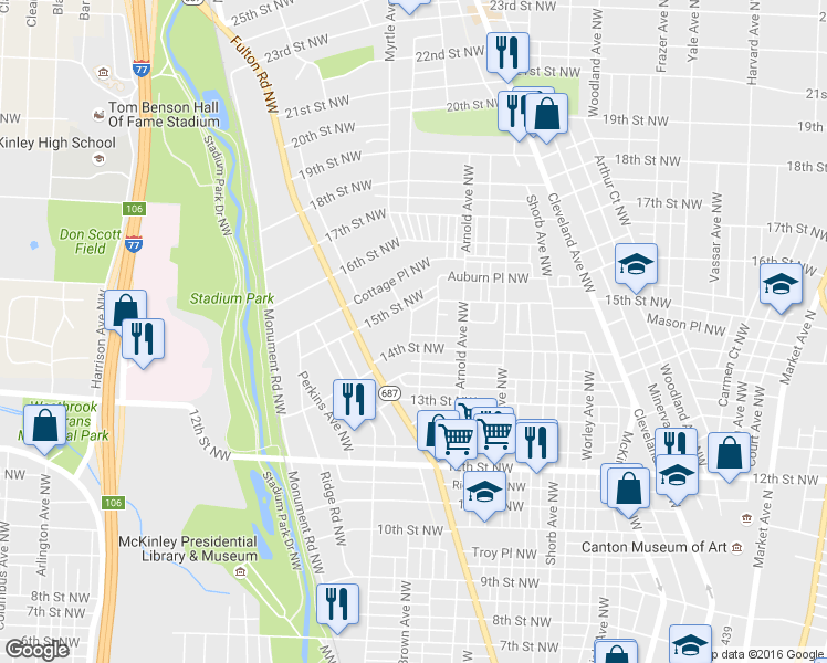 map of restaurants, bars, coffee shops, grocery stores, and more near 1414 Piper Court Northwest in Canton