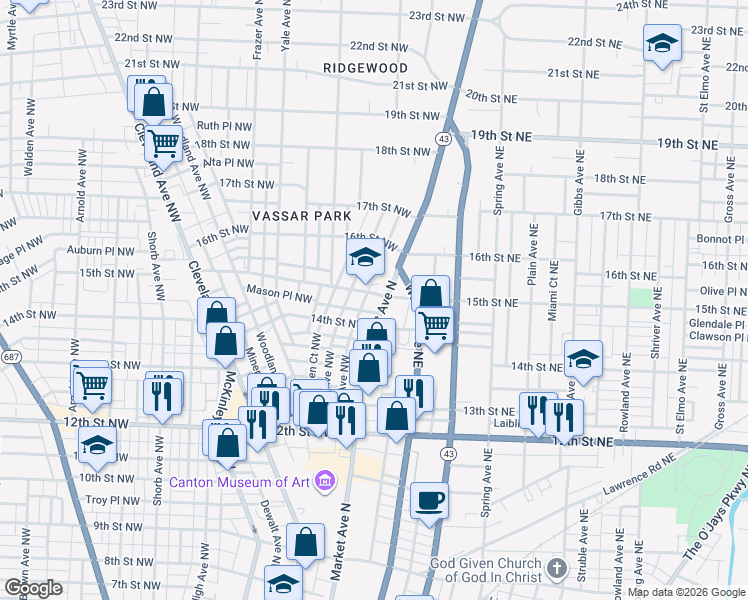 map of restaurants, bars, coffee shops, grocery stores, and more near 1435 Market Avenue North in Canton