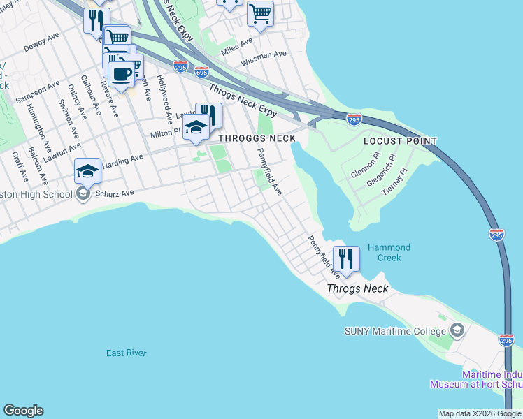 map of restaurants, bars, coffee shops, grocery stores, and more near 1 Plaza Place in The Bronx