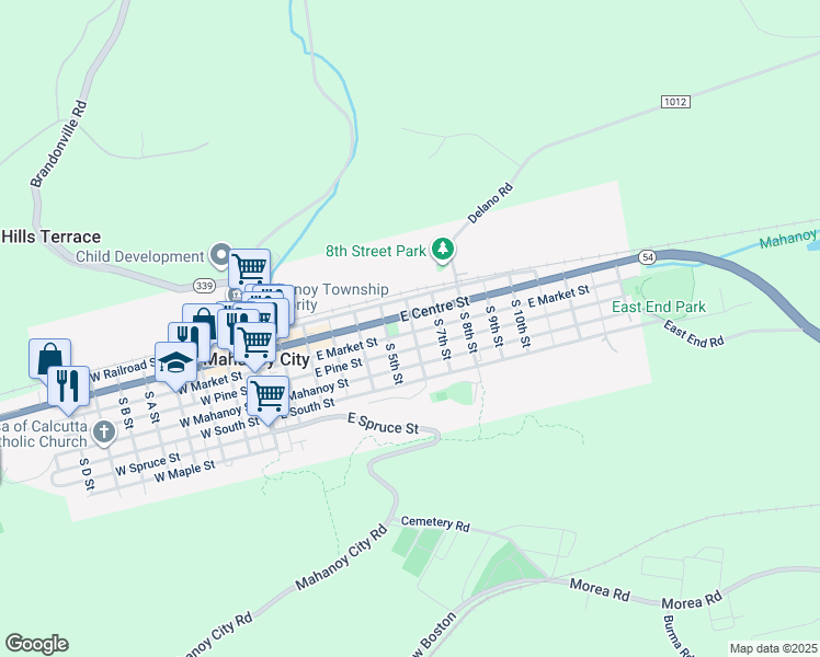 map of restaurants, bars, coffee shops, grocery stores, and more near 20 South 6th Street in Mahanoy City