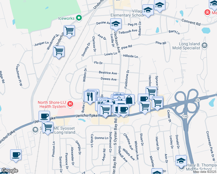 map of restaurants, bars, coffee shops, grocery stores, and more near 17 Walker Avenue in Syosset