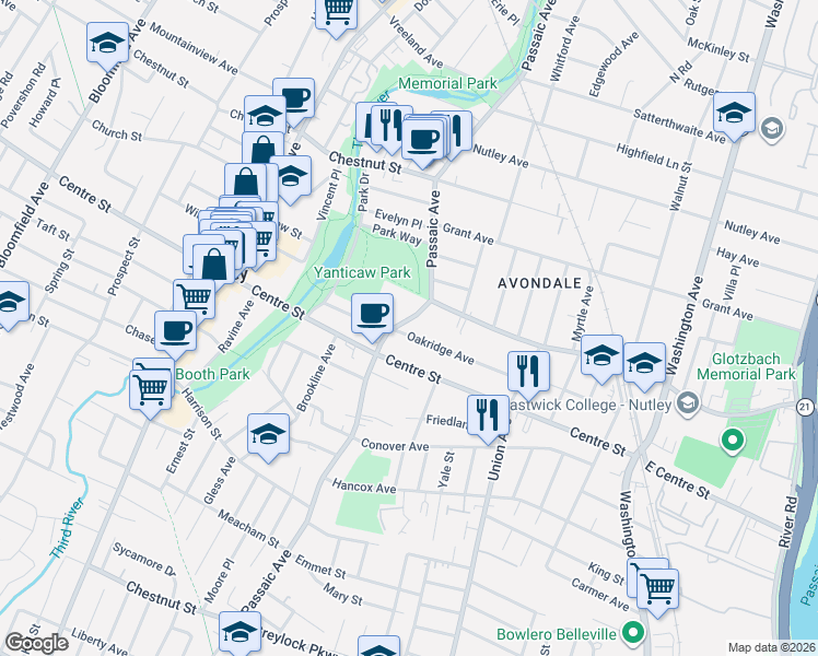 map of restaurants, bars, coffee shops, grocery stores, and more near 110 Oak Ridge Avenue in Nutley