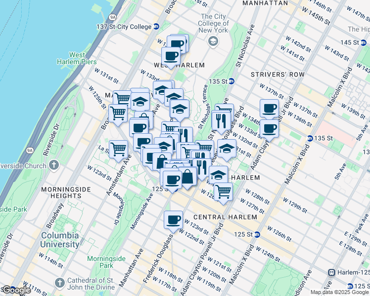 map of restaurants, bars, coffee shops, grocery stores, and more near 35 Saint Nicholas Terrace in New York