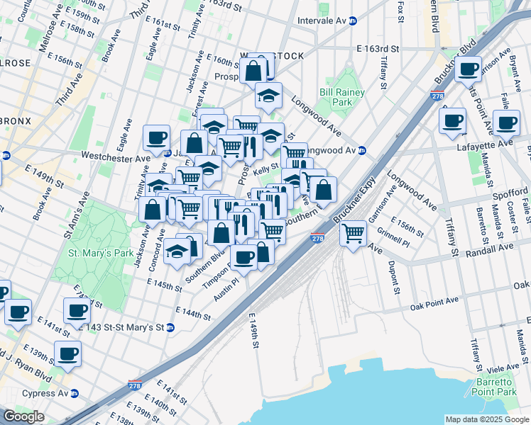 map of restaurants, bars, coffee shops, grocery stores, and more near 1012 Avenue Saint John in Bronx
