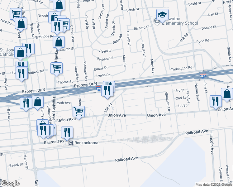 map of restaurants, bars, coffee shops, grocery stores, and more near 5018 Express Drive South in Lake Ronkonkoma