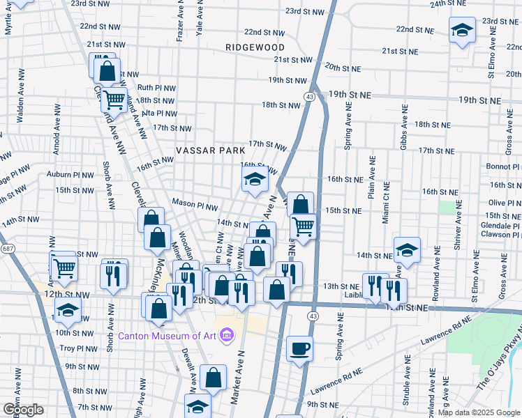 map of restaurants, bars, coffee shops, grocery stores, and more near 1435 Market Avenue North in Canton