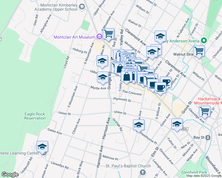 map of restaurants, bars, coffee shops, grocery stores, and more near 32 Myrtle Avenue in Montclair