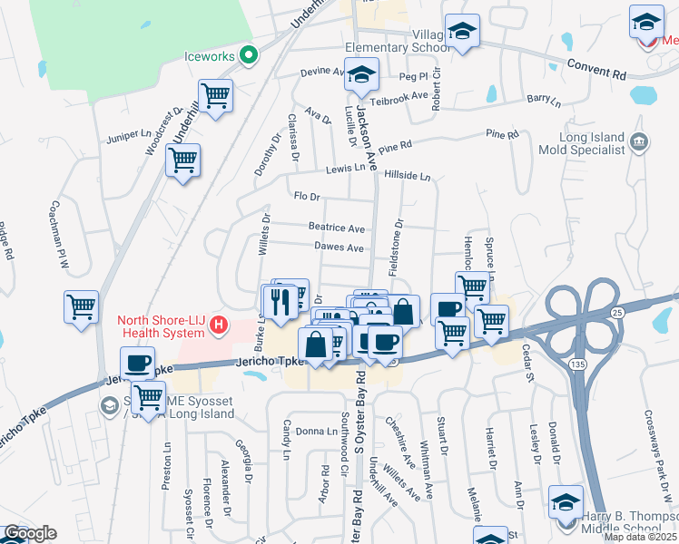 map of restaurants, bars, coffee shops, grocery stores, and more near 17 Walker Avenue in Syosset