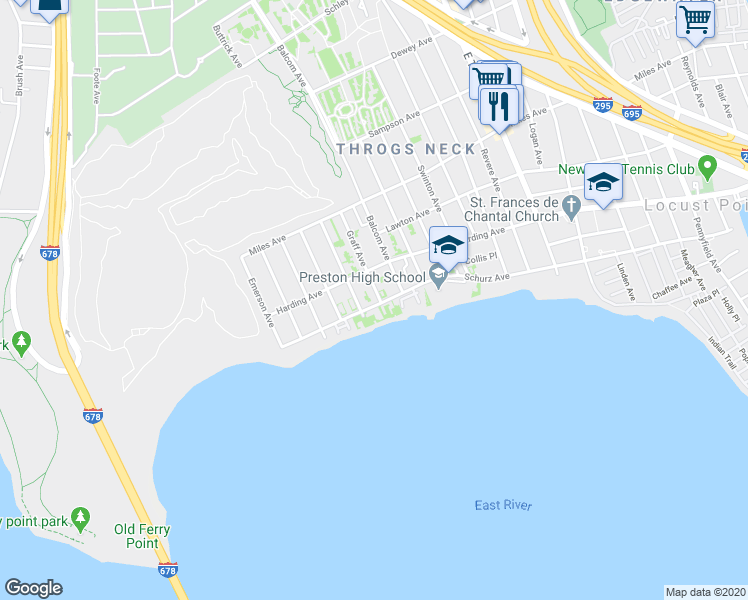 map of restaurants, bars, coffee shops, grocery stores, and more near 189 Graff Avenue in Bronx