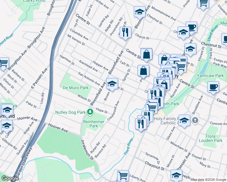 map of restaurants, bars, coffee shops, grocery stores, and more near 301 Harrison Street in Nutley