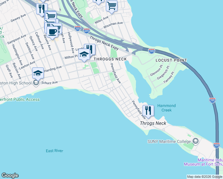 map of restaurants, bars, coffee shops, grocery stores, and more near 1 Plaza Place in The Bronx