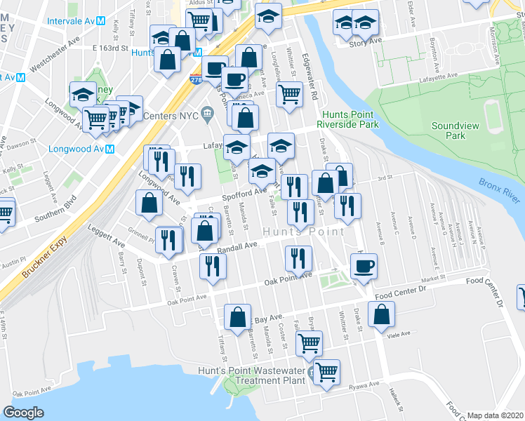 map of restaurants, bars, coffee shops, grocery stores, and more near 648 Coster Street in Bronx
